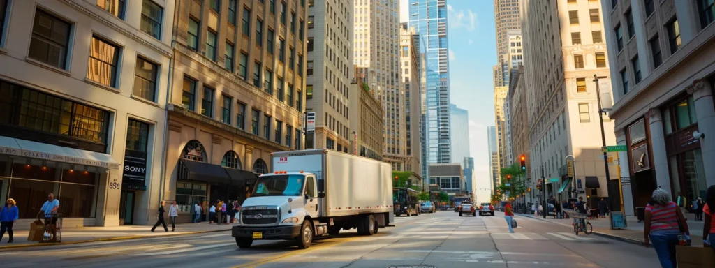 a bustling downtown chicago street showcases a professional moving team meticulously coordinating logistics and packing boxes into a sleek moving truck, with towering skyscrapers and busy pedestrians in the background, emphasizing the organized chaos of urban relocation.