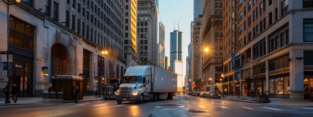 a bustling downtown chicago street showcases a professional moving team efficiently packing a stylish truck, surrounded by iconic city architecture and a vibrant urban atmosphere that reflects the personalized service and local expertise offered by jay's movers.