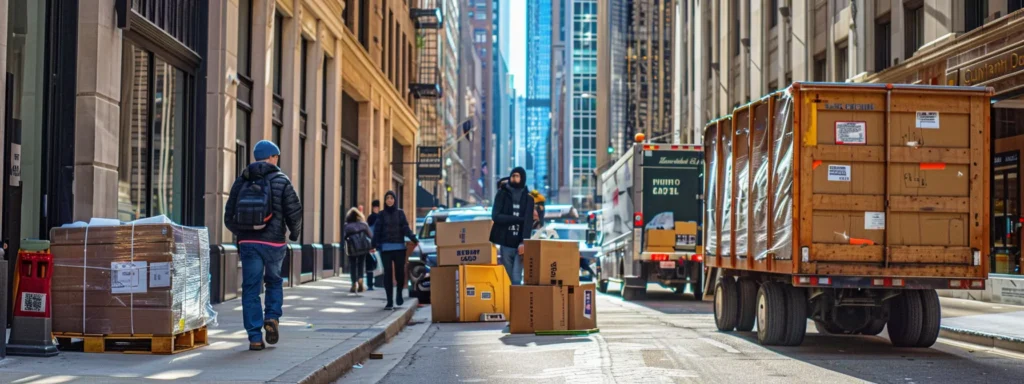 a bustling downtown chicago street showcases a professional moving company expertly navigating a narrow hallway with furniture, highlighting their commitment to efficient, affordable service in an urban setting.