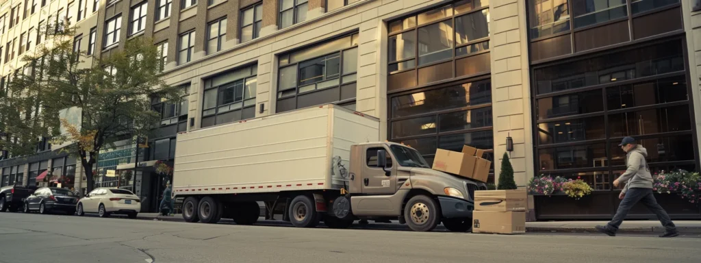 a bustling urban moving scenario captures jay's movers' professional team efficiently loading packed boxes into a sleek moving truck outside a modern chicago apartment building, showcasing their reliability and expertise in action.
