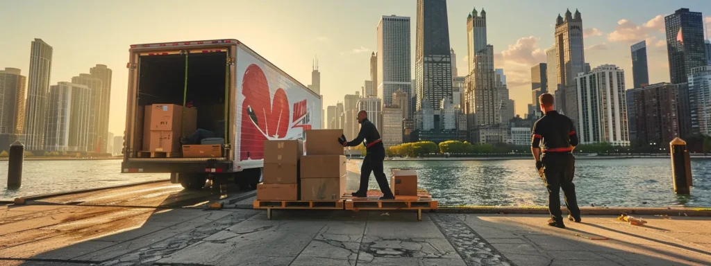 a bustling urban office environment showcases a team of professional movers efficiently packing and loading furniture into a stylish moving truck emblazoned with the logo of a leading chicago moving company, set against the iconic city skyline in the background.