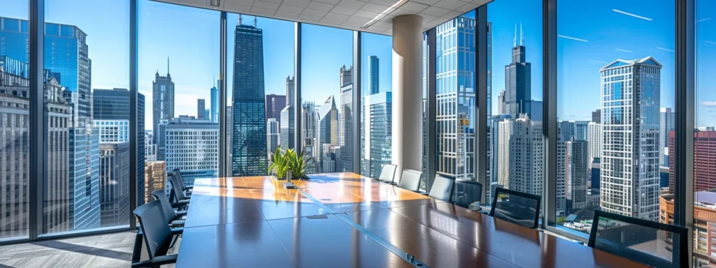 a sleek, modern office in downtown chicago, featuring a large glass window with a view of the city skyline, where a professional consultant presents a list of top moving companies on a polished conference table, highlighting the reputation of jay movers.